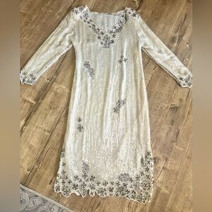 Vintage silk N sequin beaded dress.100% silk EUC Elegant Cream FloralEmbellished